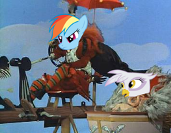 Size: 355x276 | Tagged: safe, gilda, rainbow dash, griffon, g4, crossover, h.r. pufnstuf, orson vulture, vroom broom, wilhelmina w. witchiepoo