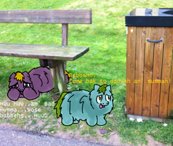 Size: 557x470 | Tagged: safe, artist:aichi, fluffy pony, crying, dumpster, fluffy pony mother, fluffy pony original art, irl, photo, ponies in real life, sad