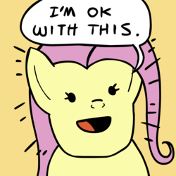 Size: 945x945 | Tagged: safe, artist:megasweet, fluttershy, pony, g4, female, i'm okay with this, meme, parody, reaction image, simple background, solo, speech bubble