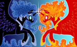 Size: 900x550 | Tagged: safe, artist:tsukuyomaru, nightmare moon, nightmare star, princess celestia, princess luna, g4, contrast