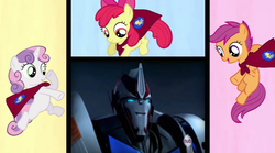 Size: 1018x568 | Tagged: safe, edit, edited screencap, screencap, apple bloom, scootaloo, sweetie belle, g4, one bad apple, cutie mark crusaders, hub logo, smokescreen, transformers, transformers prime