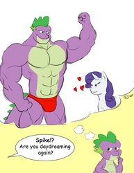 Size: 638x825 | Tagged: safe, artist:caseyljones, rarity, spike, g4, beefspike, clothes, female, heart, male, muscles, overdeveloped muscles, ship:sparity, shipping, speedo, straight, topless