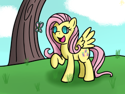 Size: 800x600 | Tagged: safe, fluttershy, g4, cute, drawing, grass, grass field, no pupils, shyabetes, tree