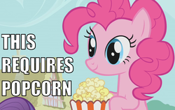 Size: 1110x700 | Tagged: safe, edit, edited screencap, screencap, pinkie pie, applebuck season, g4, caption, image macro, popcorn, reaction image