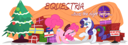 Size: 1000x350 | Tagged: safe, pinkie pie, rarity, earth pony, pony, unicorn, equestria daily, g4, banner, christmas, duo, duo female, female, mare, present, simple background, transparent background