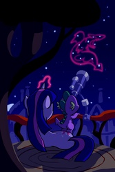 Size: 1200x1800 | Tagged: safe, artist:docwario, spike, twilight sparkle, dragon, pony, unicorn, g4, constellation, duo, female, glowing horn, horn, magic, male, mare, request, stargazing, story in the source, telescope