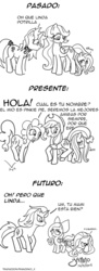 Size: 580x1600 | Tagged: safe, artist:yamino, applejack, fluttershy, pinkie pie, g4, eyeroll, frown, hiding, open mouth, prone, pronking, raised hoof, raised leg, shy, smiling, spanish, translation