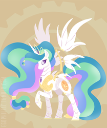 Size: 820x983 | Tagged: safe, artist:egophiliac, princess celestia, alicorn, pony, robot, robot pony, g4, abstract background, alternate hairstyle, colored pupils, cute, cutelestia, female, floating wings, jewelry, looking back, mare, pose, raised hoof, robolestia, smiling, solo, spread wings, tiara, wings