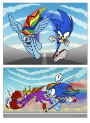 Size: 500x679 | Tagged: safe, rainbow dash, dragon, g4, crossover, egg thieves, male, race, sonic the hedgehog, sonic the hedgehog (series), spyro the dragon, spyro the dragon (series), video game crossover