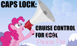 Size: 1150x700 | Tagged: safe, pinkie pie, g4, caps lock, caption, image macro, megaphone