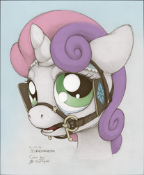 Size: 1054x1276 | Tagged: dead source, safe, artist:ecmajor, artist:tlatophat, sweetie belle, pony, unicorn, g4, bit, blinders, bridle, crying, female, gag, solo, teary eyes