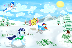 Size: 3600x2400 | Tagged: safe, artist:ac-whiteraven, fluttershy, rainbow dash, soarin', g4, crash, face down ass up, faceplant, snow, snowfall