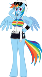 Size: 1956x3554 | Tagged: safe, artist:blmn564, rainbow dash, pegasus, anthro, unguligrade anthro, g4, arm behind head, breasts, busty rainbow dash, clothes, female, grin, hand on hip, high res, hood, looking at you, simple background, smiling, smiling at you, solo, spread wings, sunglasses, transparent background, wings