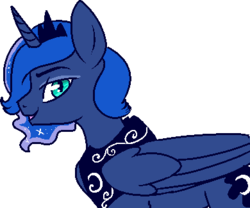 Size: 390x325 | Tagged: source needed, safe, artist:lulubell, princess luna, pony, g4, female to male, lidded eyes, looking at you, male, prince artemis, rule 63, simple background, smiling, solo, stallion, white background