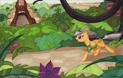 Size: 971x614 | Tagged: safe, artist:jenkiwi, daring do, pegasus, pony, g4, desert, female, jungle, mare, running, solo, temple, traditional art