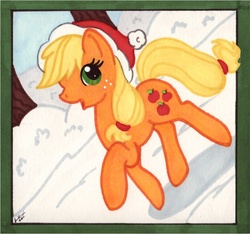 Size: 661x618 | Tagged: safe, artist:jenkiwi, applejack, earth pony, pony, g4, christmas, female, frame, hat, mare, santa hat, snow, traditional art