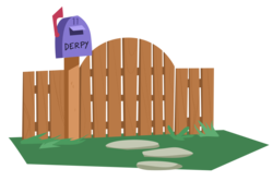 Size: 929x617 | Tagged: safe, derpygate, fence, gate, grass, mailbox, meta, no pony, pun, simple background, stone, transparent background