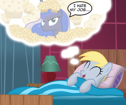 Size: 6000x5000 | Tagged: dead source, safe, artist:austiniousi, derpy hooves, princess luna, alicorn, pegasus, pony, g4, ^^, absurd resolution, dream, dream walker luna, eyes closed, female, mare, muffin