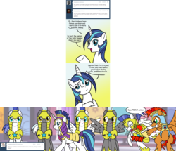 Size: 2000x1717 | Tagged: dead source, safe, artist:atomic-chinchilla, shining armor, oc, pegasus, pony, ask female shining armor, g4, ask, blushing, captain gleaming shield, gleaming shield, guardsmare, pegasus oc, punch, royal guard, rule 63, tumblr, wingboner