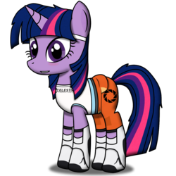 Size: 1024x1024 | Tagged: dead source, safe, artist:christiancerda, twilight sparkle, pony, unicorn, g4, chell, clothes, cosplay, costume, crossover, female, mare, portal (valve), portal 2, simple background, solo, transparent background, unicorn twilight