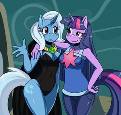 Size: 1184x1121 | Tagged: safe, artist:ss2sonic, trixie, twilight sparkle, unicorn, anthro, g4, magic duel, breasts, busty trixie, busty twilight sparkle, clothes, female, leotard, looking at each other, magician outfit, scene interpretation, smiling