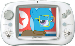 Size: 428x261 | Tagged: safe, artist:rainbowhairhuman, trixie, g4, computer, flag, game console, gp32, north korea