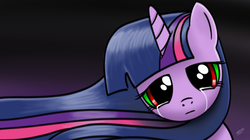 Size: 1271x712 | Tagged: safe, artist:dyani-yahto, twilight sparkle, pony, unicorn, g4, bust, corrupted, crying, gradient background, regret, signature, solo, sombra eyes, tail, tears of pain, tears of sadness, unicorn twilight, wind, windswept hair, windswept mane, windswept tail