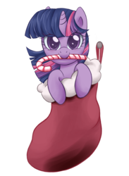 Size: 3000x4100 | Tagged: safe, artist:steffy-beff, twilight sparkle, pony, g4, candy cane, christmas stocking, cute, female, filly, looking at you, mouth hold, simple background, smiling, solo, transparent background, twiabetes, vector