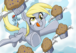 Size: 1200x840 | Tagged: safe, artist:ninja-8004, derpy hooves, rainbow dash, pegasus, pony, g4, female, mare, muffin