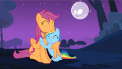 Size: 11040x6210 | Tagged: safe, artist:lazypixel, rainbow dash, scootaloo, pegasus, pony, g4, ^^, absurd resolution, adult, age swap, duo, eyes closed, female, filly, hug, mare, older, role reversal, vector