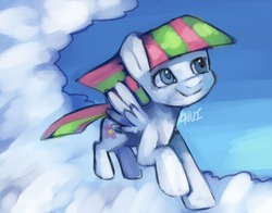 Size: 872x684 | Tagged: dead source, safe, artist:dhui, blossomforth, pony, g4, cloud, cloudy, female, smiling, solo