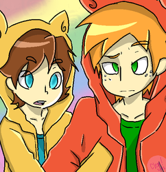 Size: 503x520 | Tagged: safe, artist:cleppyclep, big macintosh, caramel, human, g4, animal hoodie, clothes, eyebrows, gay, hoodie, human male, humanized, male, open mouth, rainbow background, raised eyebrow, ship:caramac, shipping