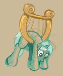 Size: 511x613 | Tagged: safe, artist:gsphere, lyra heartstrings, pony, g4, brown background, female, hanging, lyre, simple background, solo