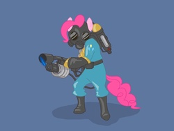 Size: 2400x1800 | Tagged: safe, artist:swilkm, pinkie pie, earth pony, pony, g4, bipedal, blue background, crossover, female, mare, pinkie pyro, pyro (tf2), simple background, solo, team fortress 2
