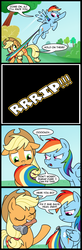 Size: 656x2000 | Tagged: safe, artist:madmax, applejack, rainbow dash, earth pony, pegasus, pony, g4, biting, comic, dialogue, duo, eeyore, female, hammer, mare, mouth hold, nail, ouch, pin the tail on the pony, speech bubble, tail, tail bite, tail pull