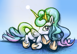 Size: 2209x1536 | Tagged: safe, artist:gsphere, princess celestia, pony, g4, alternate hairstyle, female, prone, smiling, solo