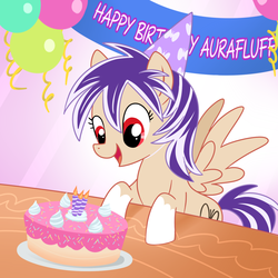 Size: 1500x1500 | Tagged: safe, artist:madmax, oc, oc only, oc:aurafluff, balloon, birthday, cake, hat, party hat