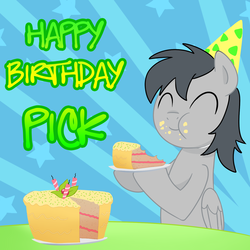 Size: 1500x1500 | Tagged: safe, artist:madmax, oc, oc only, oc:pick, earth pony, pony, :t, birthday, cake, candle, eating, eyes closed, happy birthday, hat, party hat, plate, smiling, solo, stars