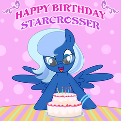 Size: 1500x1500 | Tagged: safe, artist:madmax, oc, oc only, oc:starcrosser, pony, birthday, cake, solo