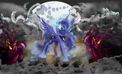 Size: 2437x1475 | Tagged: safe, artist:owlvortex, princess luna, g4, fight, glowing eyes