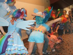 Size: 1024x768 | Tagged: safe, applejack, rainbow dash, scootaloo, human, g4, cosplay, irl, irl human, luigi, male, photo, scootabuse, super mario bros.