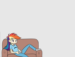 Size: 1600x1200 | Tagged: safe, artist:allosaurus, artist:megasweet, rainbow dash, human, g4, canter girls, couch, female, humanized, solo, video game, wallpaper