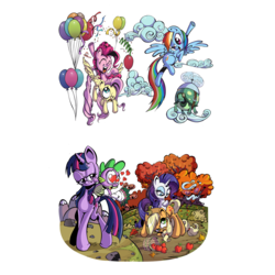 Size: 1137x1137 | Tagged: safe, artist:my-stupid-art, applejack, fluttershy, pinkie pie, rainbow dash, rarity, spike, tank, twilight sparkle, g4, apple, balloon, cloud, cloudy, collage, mane seven, mane six, simple background, sketch dump, then watch her balloons lift her up to the sky, transparent background