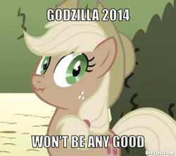 Size: 510x451 | Tagged: safe, applejack, g4, godzilla (series), godzilla 2014, image macro, liar face, liarjack, utter bullshit