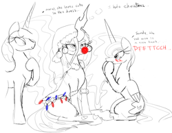 Size: 1350x1050 | Tagged: safe, artist:zev, princess celestia, princess luna, queen chrysalis, alicorn, changeling, pony, g4, annoyed, christmas, christmas changeling, sitting
