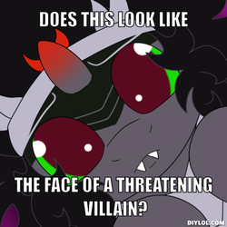 Size: 510x510 | Tagged: safe, artist:skoon, edit, king sombra, pony, unicorn, g4, colt, cute, fangs, foal, image macro, looking at you, male, solo, sombradorable, stallion