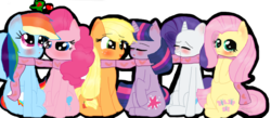 Size: 900x394 | Tagged: dead source, safe, artist:misspolycysticovary, applejack, fluttershy, pinkie pie, rainbow dash, rarity, twilight sparkle, pony, unicorn, g4, :3, bedroom eyes, blushing, clothes, cute, embarrassed, eyes closed, female, heart, holly, holly mistaken for mistletoe, imminent kissing, lesbian, looking at you, mane six, scarf, shared clothing, shared scarf, ship:flarity, ship:pinkiedash, ship:twijack, shipping, shyabetes, simple background, transparent background, unicorn twilight
