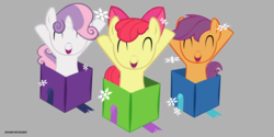 Size: 5000x2500 | Tagged: safe, artist:blekee, apple bloom, scootaloo, sweetie belle, g4, ^^, cutie mark crusaders, eyes closed, female, filly, foal, present