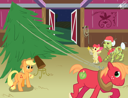 Size: 2686x2062 | Tagged: safe, artist:godzilla3092, apple bloom, applejack, big macintosh, granny smith, earth pony, pony, g4, apple family, christmas lights, christmas tree, hat, male, santa hat, stallion, tree