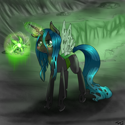 Size: 1000x1000 | Tagged: safe, artist:tomat-in-cup, queen chrysalis, changeling, changeling queen, g4, cute, cutealis, female, glowing, glowing horn, hnnng, horn, solo, transparent wings, wings